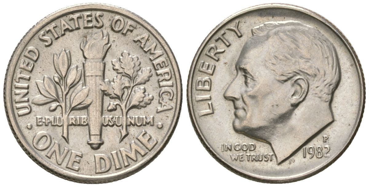 США 10 центов (дайм) 1982 P, президент Рузвельт KM 195a медь плкированный медно-никелем 4549-1018