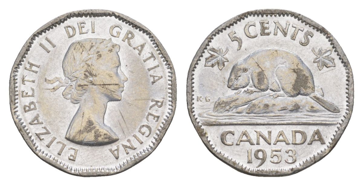 Канада 5 центов 1953 Елизавета II (1952-2022), бобр KM 50 хромированная сталь 4630-658
