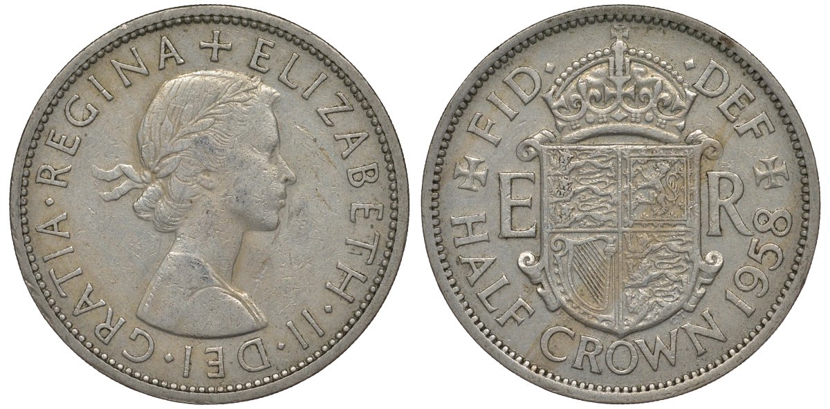 Великобритания 1/2 кроны 1958 Елизавета II (1952-2022) KM 907, Spink 4145 медно-никель 4125-232