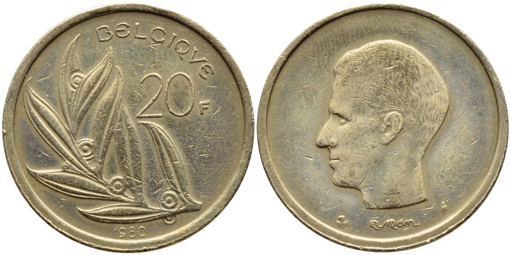 Бельгия 20 франков 1980 Belgique, Бодуэн I (1951-1993) KM 159 никель бронза 23-114