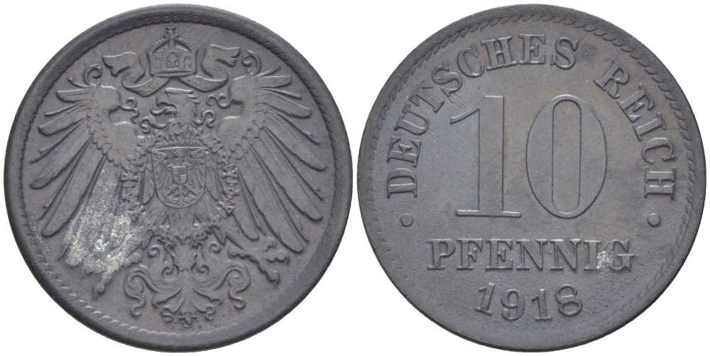 ГЕРМАНИЯ 10 ПФЕННИНГОВ 1918 KM 26, J.299, Weege 8 цинк 202-213