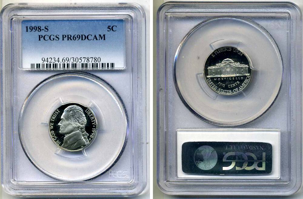 США 5 центов 1998 S, президент Джеферсон, в слабе PCGS PR69CAM KM А192 медно-никель PROOF 15-003-18