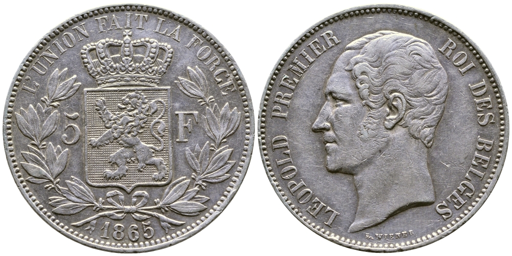 Бельгия 5 франков 1865 Леопольд I (1831-1865) KM 17 серебро 00-1067-6-22