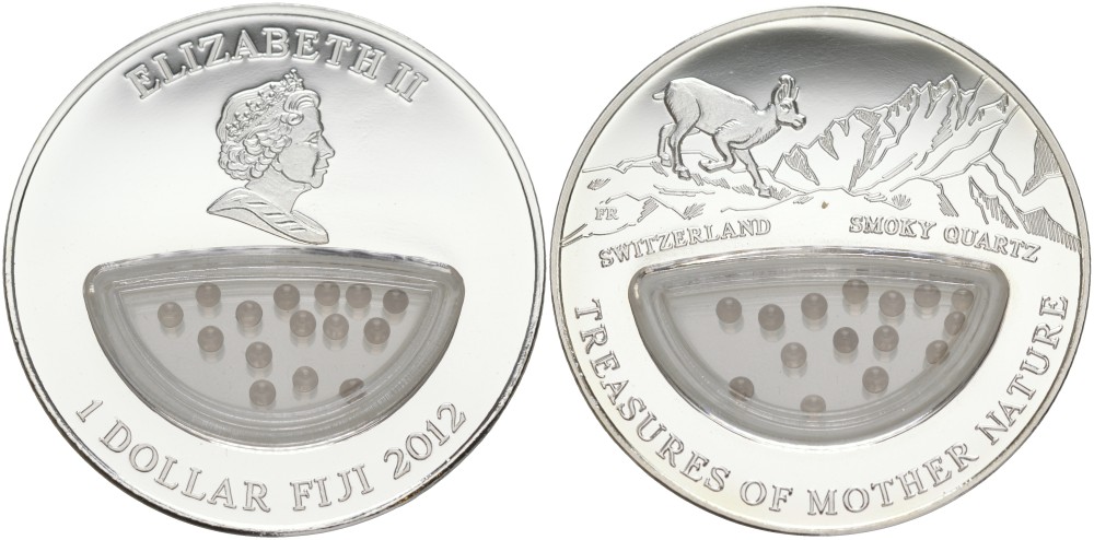Фиджи 1 доллар 2012 серия Сокровища матери-природы, дымчатый кварц, в коробке, с сертификатом KM 453 серебро PROOF 1-4-3-04