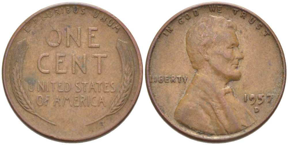 США 1 ЦЕНТ 1957 D, ЛИНКОЛЬН KM А132 медь цинк 218-724