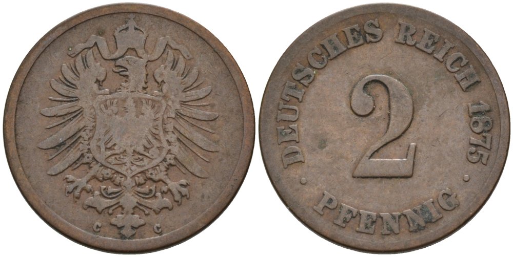 Германия 2 пфеннига 1875 C, старогербовка KM 2, J. 2 медь 4575-642