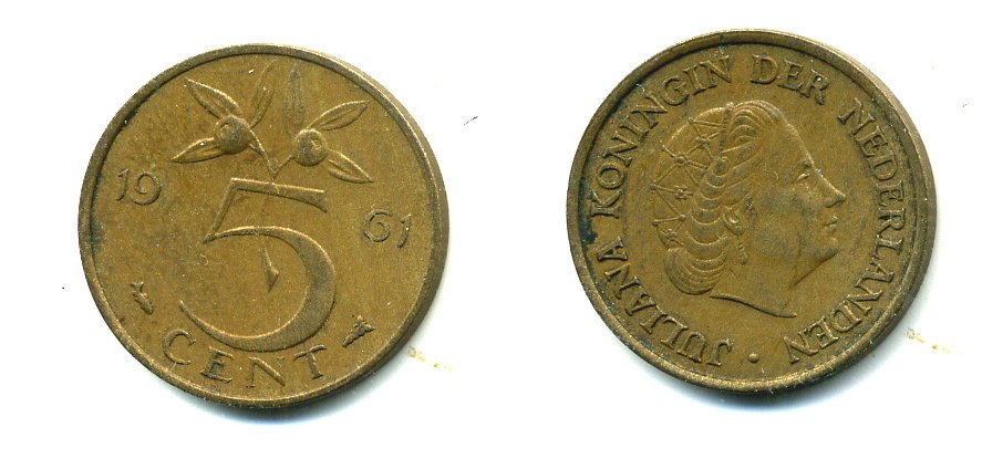 НИДЕРЛАНДЫ 5 ЦЕНТОВ 1961 ЮЛИАНА KM 181 бронза 76-425