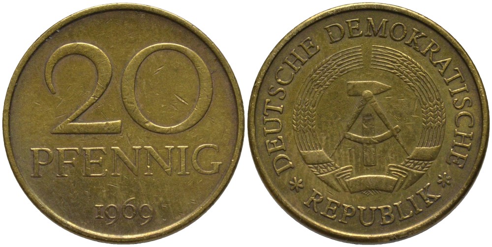ГДР 20 пфеннигов 1969 А, первый год KM 11 латунь 186-1243