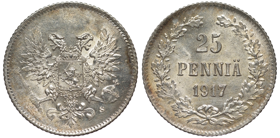 Россия для Финляндии 25 пенни 1917 S, временное правительство, без короны KM 19, Биткин 2 серебро 75-1459