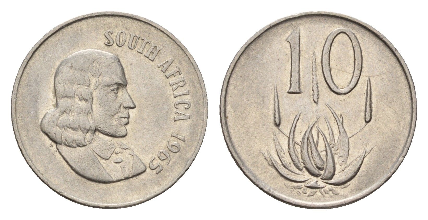 ЮАР 10 центов 1965 Ян ван Рибек (1619-1677), South Africa, легенда на африкаанс, цветок алоэ KM 68.1 никель 4674-654