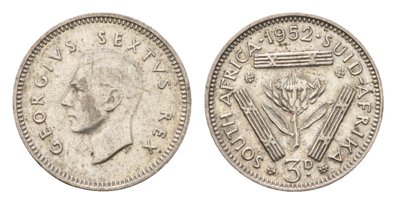 ЮАР 3 пенса 1952 Георг VI (1936-1952) KM 35.2 серебро 4549-1144