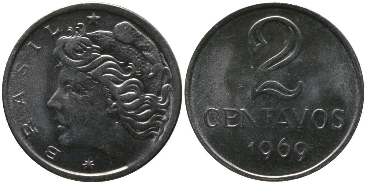 Бразилия 2 сентаво 1969 KM 576.2, Schon 81a нержавеющая сталь UNC 4567-857