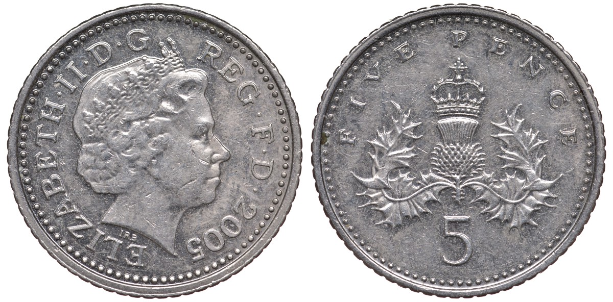 Великобритания 5 пенсов 2005 Елизавета II (1952-2022) KM 988, Spink 4670 (D5) медно-никель 4124-664