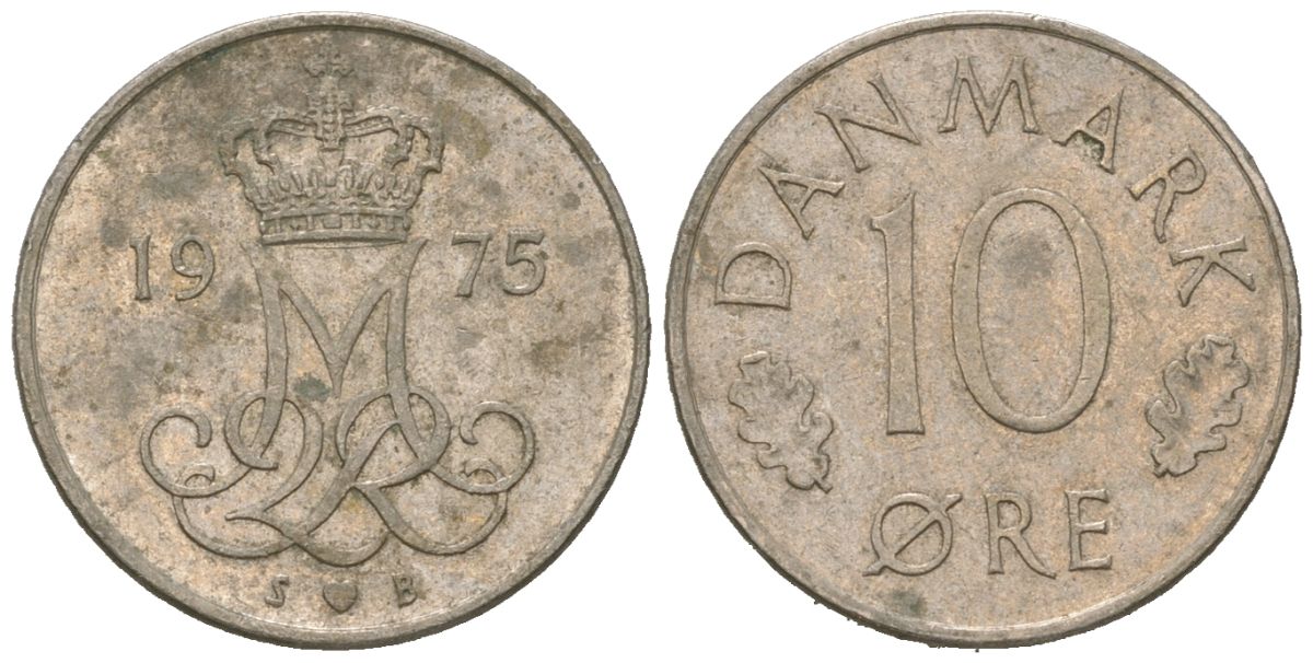 Дания 10 эре 1975 S. B, Маргрете II (1972-2024) KM 860 медно-никель 4618-362