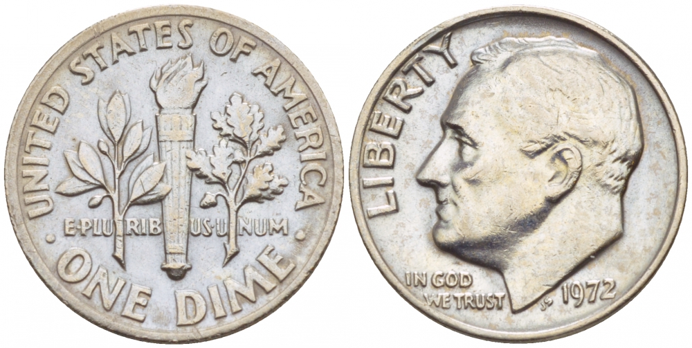 США 10 ЦЕНТОВ = 1 ДАЙМ 1972 РУЗВЕЛЬТ KM 195а медь плакированная медно-никелем 4547-943