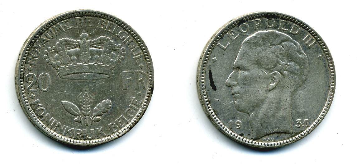 Бельгия 20 франков 1935 Леопольд III (1934-1950), BELGIЕ KM 105 серебро 86-1834