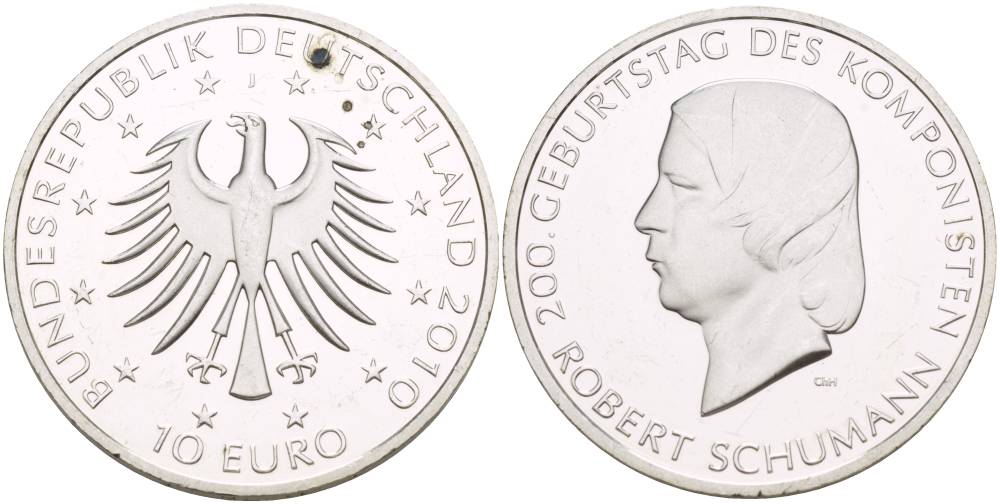 ФРГ 10 евро 2010 J, 200 лет со дня рождения Роберта Шумана KM 288, DE.S. 10.45 серебро PROOF 1520-733