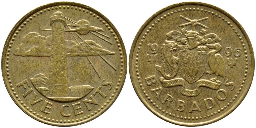 Барбадос 5 центов 1996 маяк Саут-Пойнт KM 11 латунь 4398-551