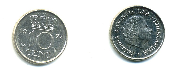 Нидерланды 10 центов 1978 Юлиана (1948-1980) КМ 182 никель 76-354