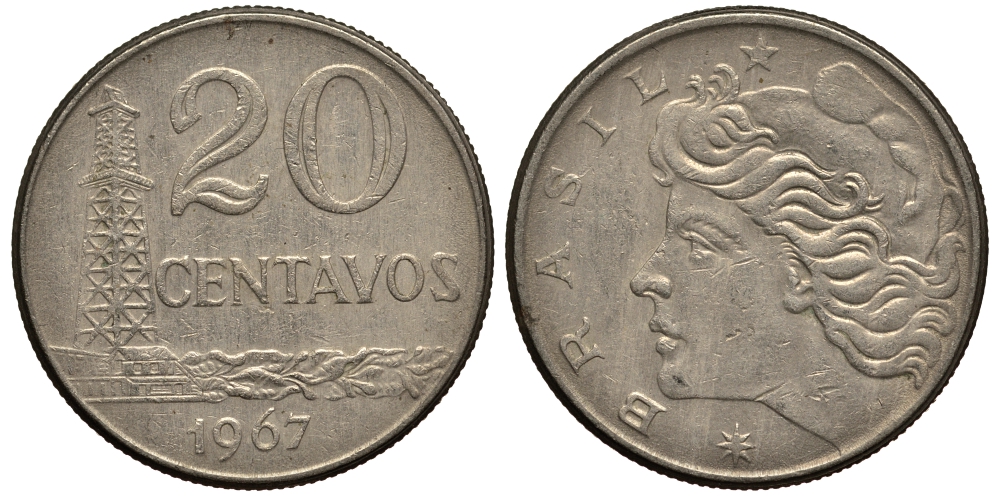 Бразилия 20 сентаво 1967 голова Свободы влево KM 579.1, Schon 84 медно-никель 4182-614