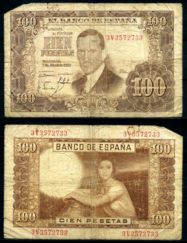Испания 100 песет 1953 7 апреля 1953, Хулио Ромеро де Торрес Pick 145а бумага 7219-9-1-2