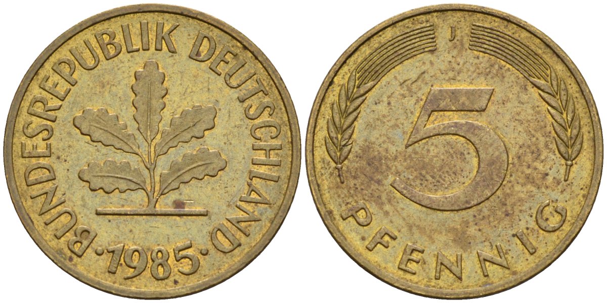 ФРГ 5 пфеннигов 1985 J KM 107 сталь плакированная латунью 4580-361