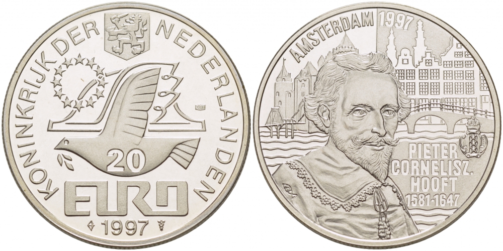 НИДЕРЛАНДЫ 20 ЕВРО 1997 ПИТЕР КОРНЕЛИСОН ХОФТ серебро PROOF 02-227-42