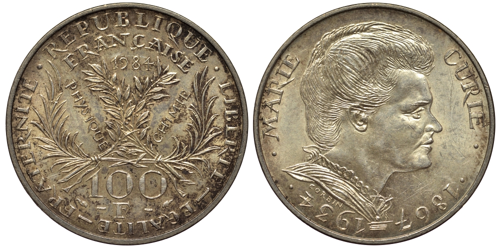 Франция 100 франков 1984 50 лет со дня смерти Марии Кюри KM 955 серебро 1516-1615