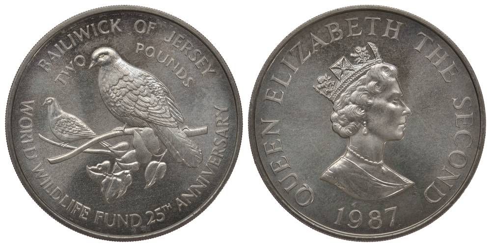 Джерси 2 фунта 1987 серия 25 лет защиты окружающей среды, голуби KM 70 медно-никель UNC 1078-3-21