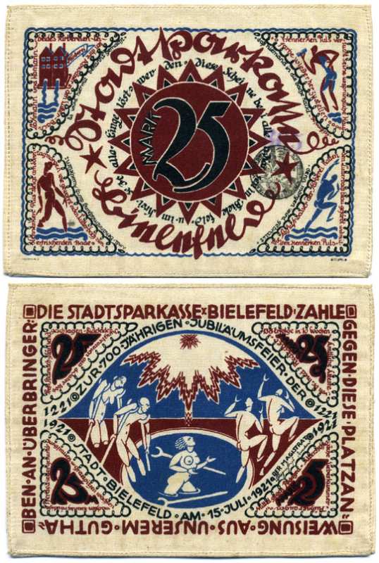 БИЛЕФЕЛЬД, ГЕРМАНИЯ 25 МАРОК 1921 15 ИЮЛЯ 1921, НОТГЕЛЬД, ЗЕМЛЯ СЕВЕРНЫЙ РЕЙН-ВЕСТФАЛИЯ Grabowski 103.7 шёлк UNC (ПРЕСС) 8613-13-2-1