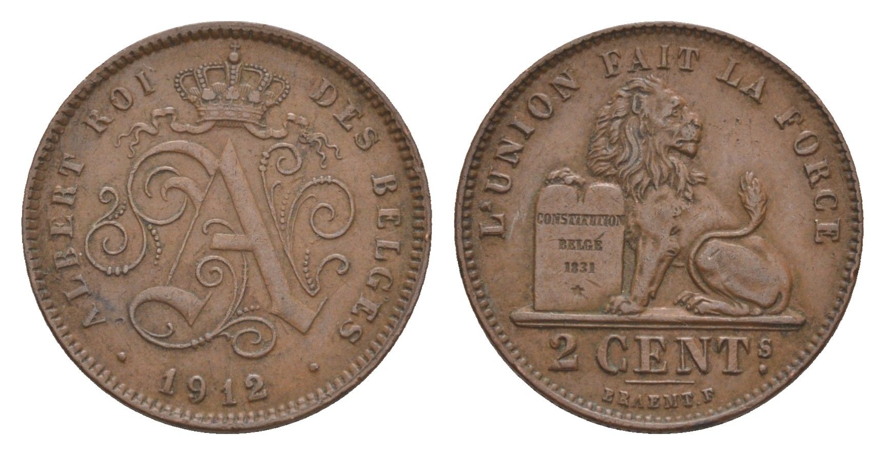 Бельгия 2 сантима 1912 Des Belges, Альберт I (1909-1934) KM 64 медь 4658-845