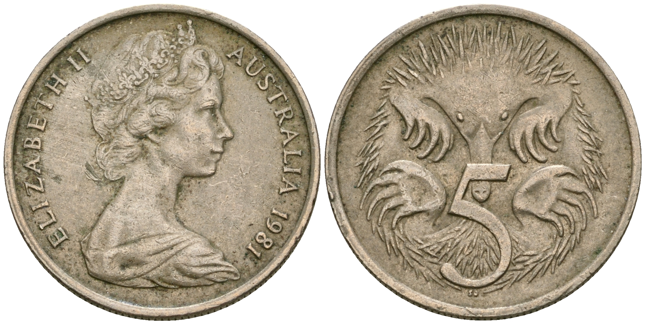 Австралия 5 центов 1981 Елизавета II (1952-2022), ехидна KM 64 медно-никель 4608-821