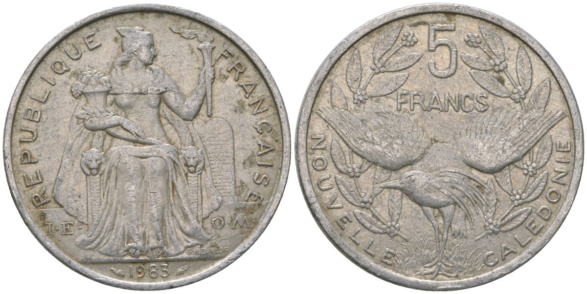 Французская Новая Каледония 5 франков 1983 птица кагу, (IEOM) KM 16, Schoen 12, Lec 75 алюминий 180-433
