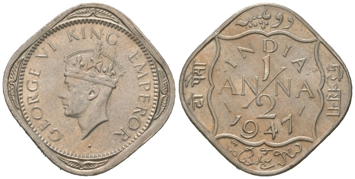 Британская Индия 1/2 анны 1947 Георг VI (1936-1952) KM 535 медно-никель 4615-1155