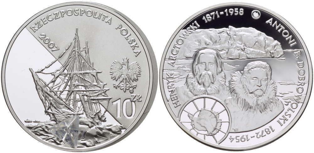 Польша 10 злотых 2007 MW, серия польские путешественники, Генрик Арцтовский и Антони Болеслав Добровольский, с кристаллом в виде пирамиды KM 601 серебро PROOF 06-245-25