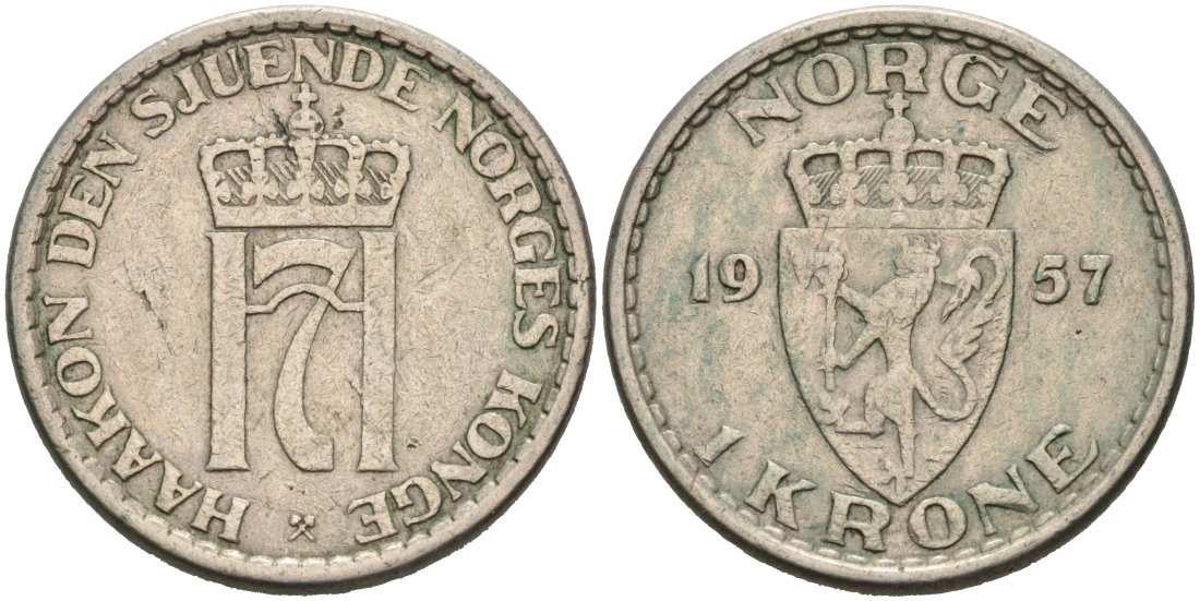 Норвегия 1 крона 1957 Хокон VII (1905-1957) KM 397 медно-никель 4571-414