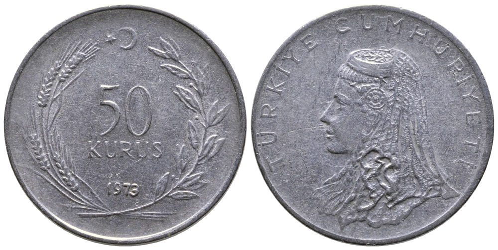 Турция 50 курушей 1973 Анатолийская невеста KM 899 нержавеющая сталь 84-1213