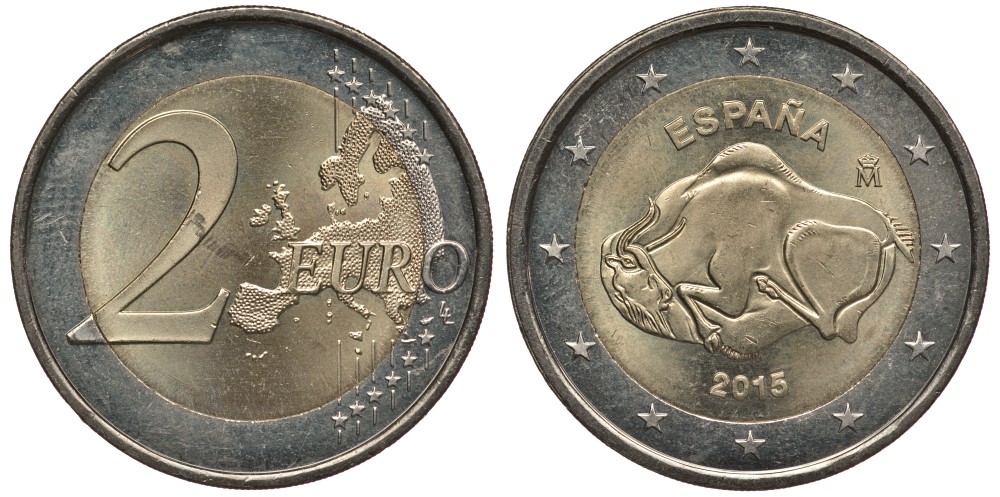 ИСПАНИЯ 2 ЕВРО 2015 ЮНЕСКО - ПЕЩЕРА АЛЬТАМИРА, БЫК KM NEW биметалл UNC 3856-734