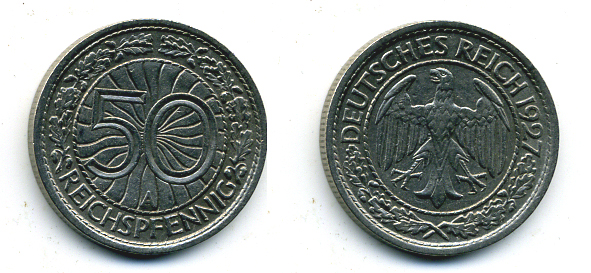 Германия 50 рейхспфеннигов 1927 A KM 49, J. 324 никель 58-149