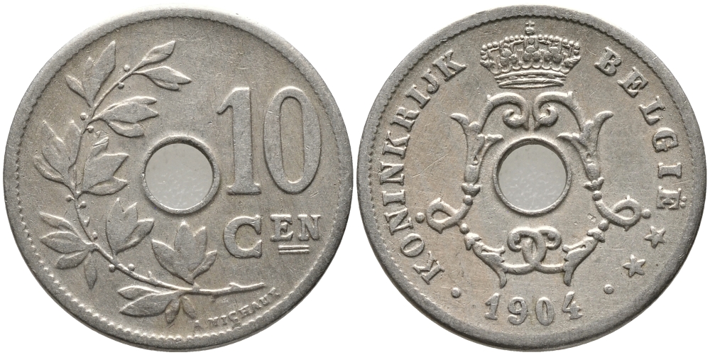 БЕЛЬГИЯ 10 САНТИМОВ 1904 BELGIE KM 53 медно-никель 3334-923
