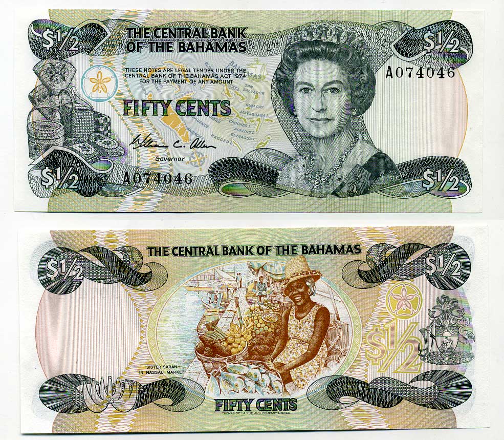 Багамские острова 1/2 доллара 1984 Елизавета II (1952-2022), TDLR Pick 42a бумага UNC (пресс) 6293-47-4-1