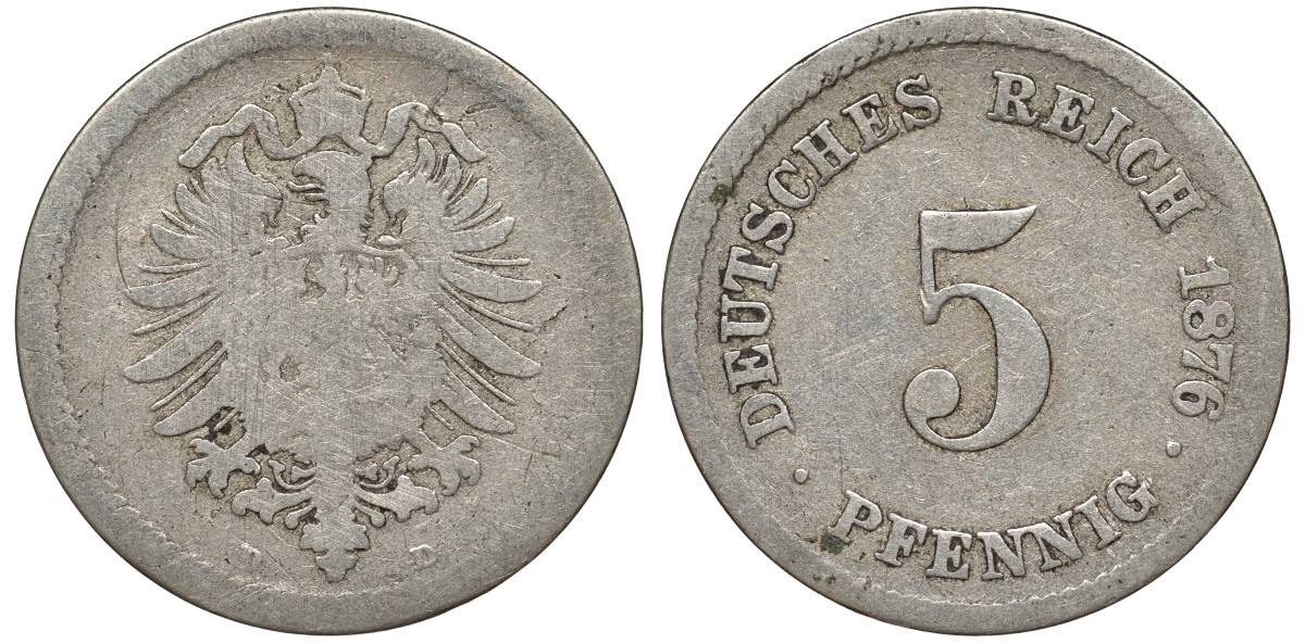 Германия 5 пфеннигов 1876 D, старогербовка KM 3, J. 3 медно-никель 51-3635