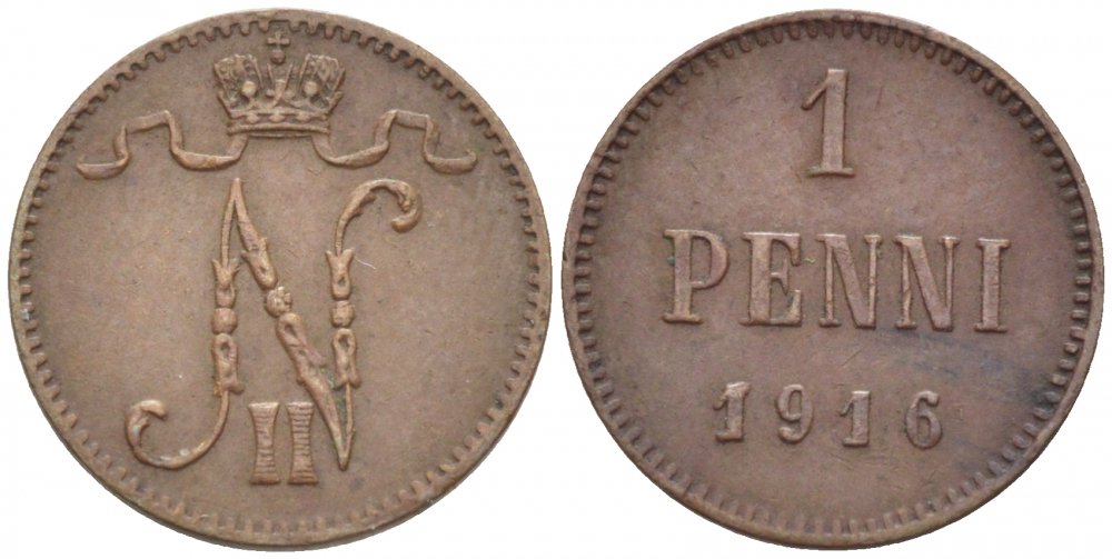 РОССИЯ ДЛЯ ФИНЛЯНДИИ 1 ПЕННИ 1916 НИКОЛАЙ II (1895-1917) KM 13, Биткин 476 медь 211-1057