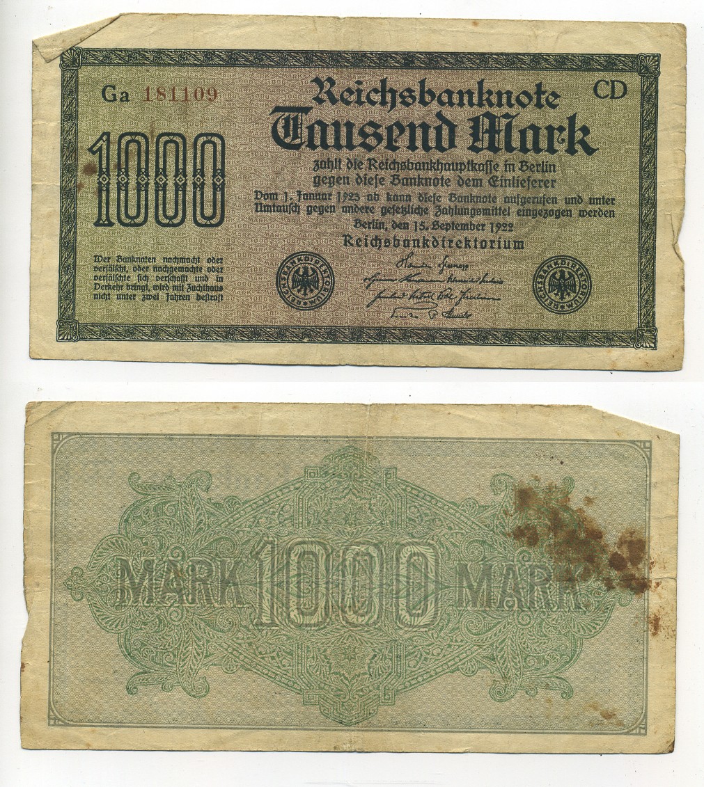 ГЕРМАНИЯ 1000 МАРОК 1922 15 СЕНТЯБРЯ 1922, ВОДЯНОЙ ЗНАК F, БЕЛАЯ БУМАГА Pick 76с бумага 6289-3-2-2