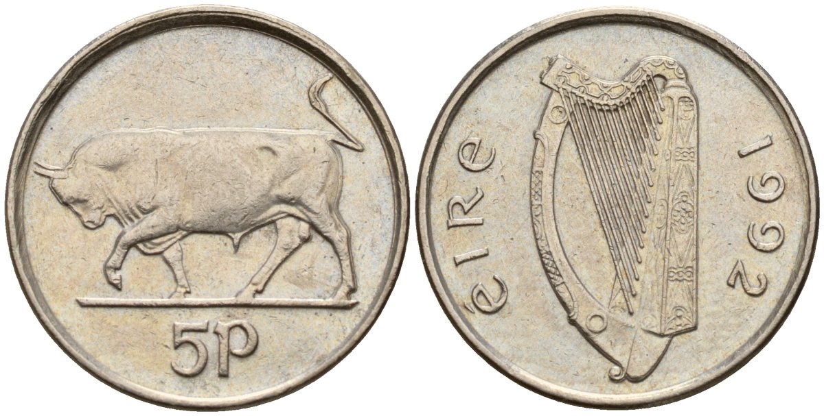 Ирландия 5 пенсов 1992 бык KM 28 медно-никель 4174-851