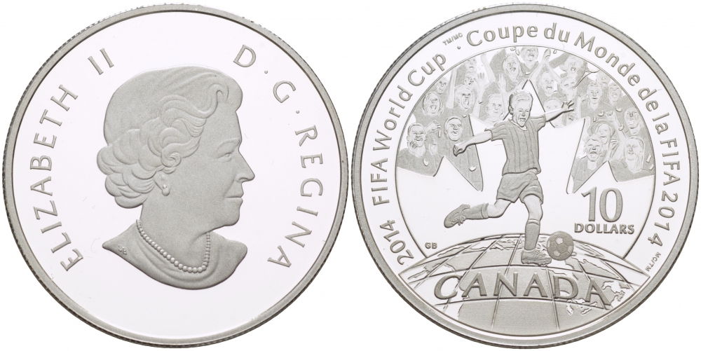 Канада 10 долларов 2014 чемпионат мира по футболу в Бразилии 2014, игрок с мячом KM NEW серебро PROOF 01-163-14