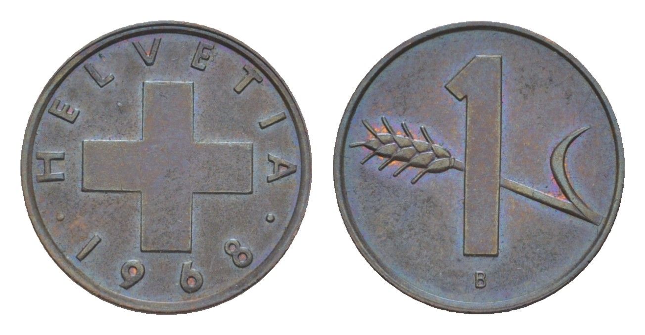 Швейцария 1 раппен 1968 B KM 46 бронза 3458-249