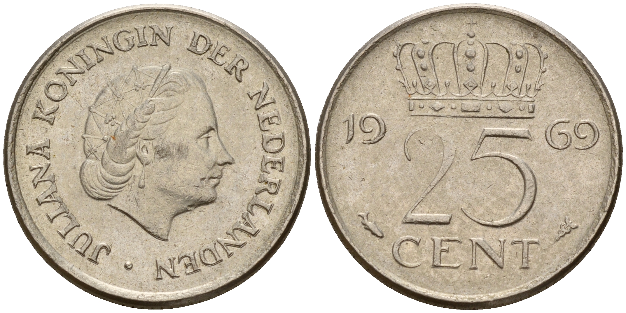 Нидерланды 25 центов 1969 Юлиана (1949-1980) VIS KM 183 никель    4598-432