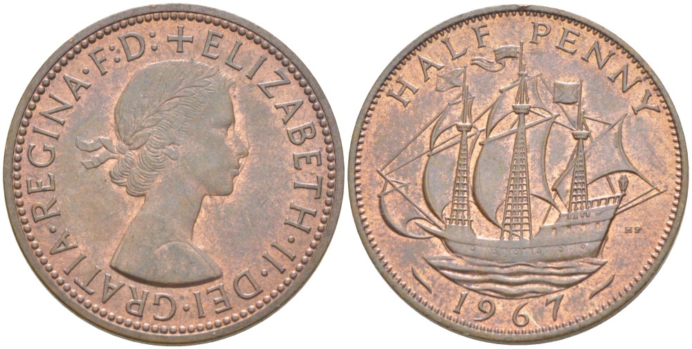 Великобритания 1/2 пенни 1967 Елизавета II (1952-2022) KM 896, Spink 4158 бронза 4544-154