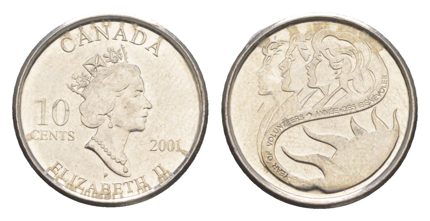 Канада 10 центов 2001 международный год волонтеров KM 412 сталь плакированная никелем UNC 4651-625